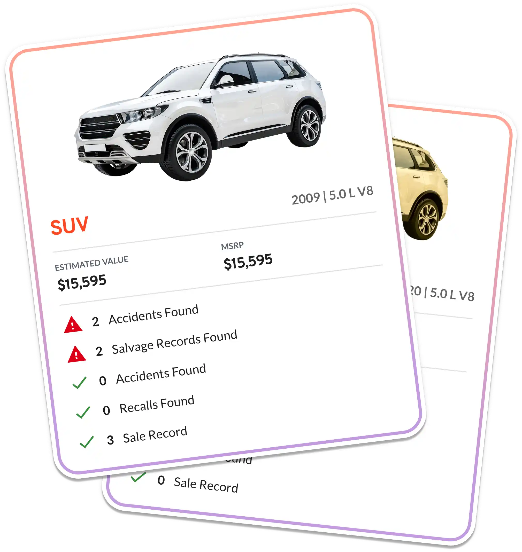 Bumper vehicle history report cards showing SUV specs, estimated value, accidents, salvage records, and recall checks
