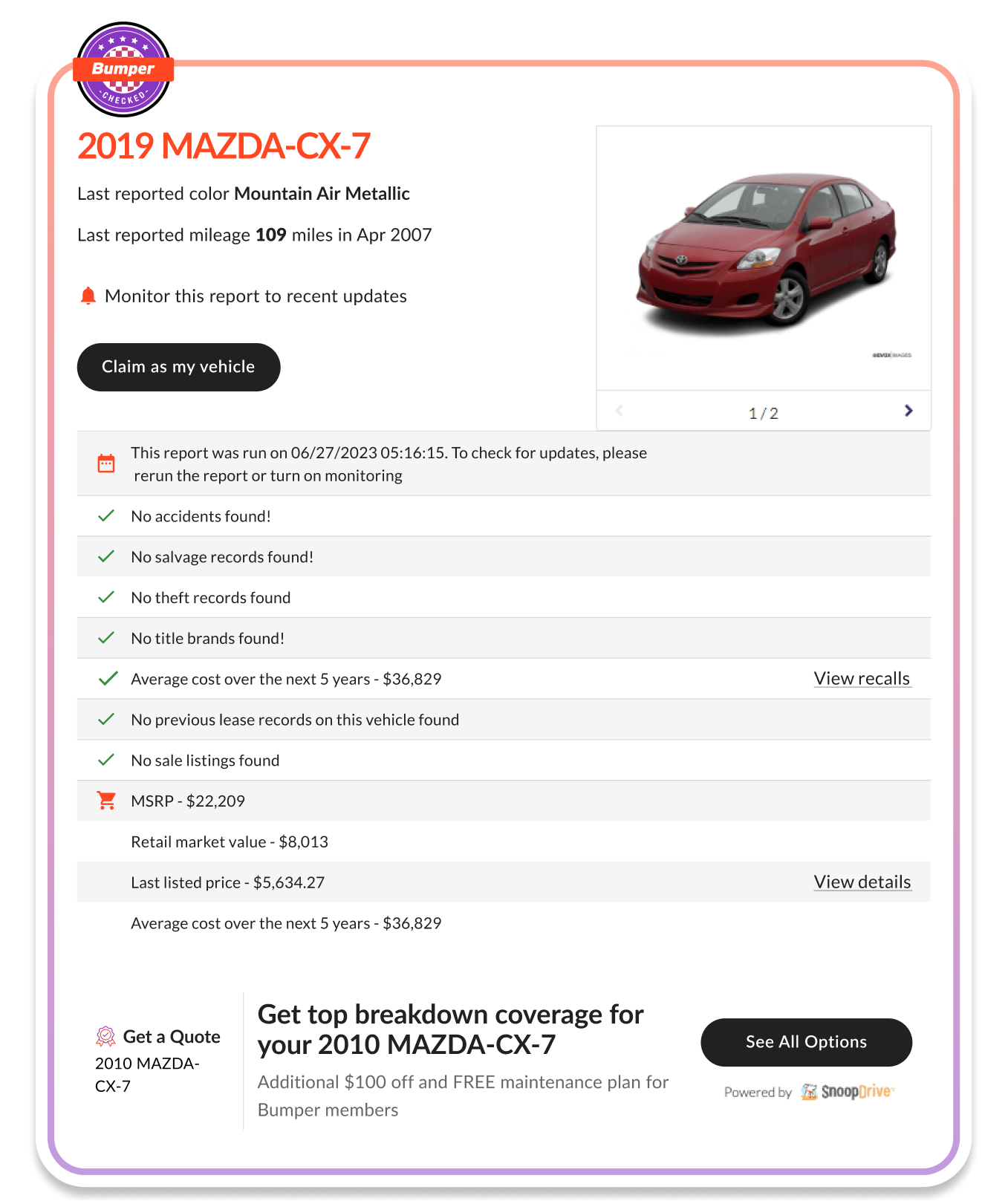 Vehicle history report preview